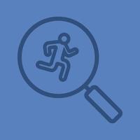 Running man inside loupe linear icon. Magnifying glass with runner. Thick line outline symbols on color background. Vector illustration