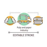 Pulp and paper industry concept icon. Wood processing. Cellulose-based products produce. Forest, timber, books idea thin line illustration. Vector isolated outline drawing. Editable stroke