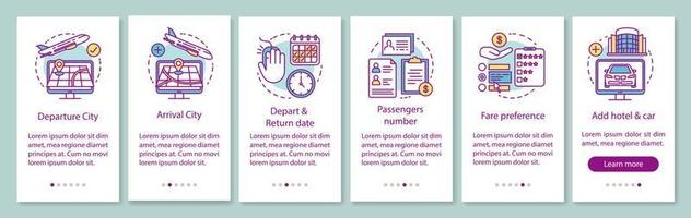 Trip planning onboarding mobile app page screen with linear concepts. Departure and arrival city, hotel walkthrough steps graphic instructions. UX, UI, GUI vector template with illustrations