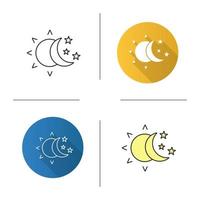 sol y luna con icono de estrellas. diseño plano, estilos lineales y de color. día y noche. ilustraciones vectoriales aisladas vector