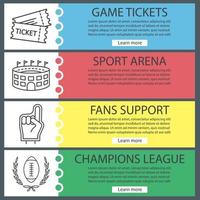 Conjunto de plantillas de banner de juegos deportivos. entradas, arena, dedos de espuma de fans, bola en corona de laurel. elementos del menú del sitio web con iconos lineales. banner web en color. conceptos de diseño de encabezados vectoriales vector