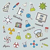 parches de laboratorio químico. Ciencias. pegatinas de colores, pines e insignias. máscara de gas, molécula, átomo, riesgo biológico, símbolos de reciclaje y radiación, tubos de ensayo, matraz con líquido. ilustraciones vectoriales aisladas vector