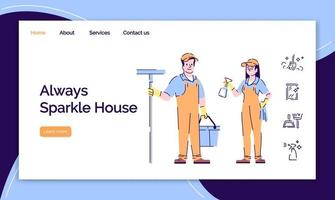 Cleaning service landing page vector template. Easy housekeeping website interface idea with flat illustrations. House cleaner, janitor hiring homepage layout. Web banner, webpage cartoon concept