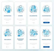 Conflict management blue onboarding mobile app page screen set vector