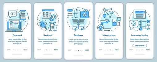 Software development onboarding mobile app page screen vector template. Application programming. Walkthrough website steps with linear illustrations. UX, UI, GUI smartphone interface concept