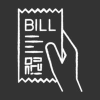 Bill of exchange chalk white icon on black background. Printed cheque. Payment notice. Purchase confirmation. Cashiers receipt, cash-memo. Purchased items list. Isolated vector chalkboard illustration