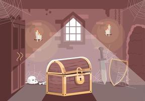 Medieval themed escape room flat vector illustration. Quest room interior with chest, sword and shield. Searching solution, mystery investigation, solving puzzle. Treasure hunt, logic game