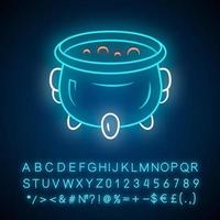 Witch cauldron neon light icon. Brew potion. Wicked witchcraft and sorcery. Witch soup. Iron pot, boiler with boiling magical poison, liquid. Glowing alphabet, numbers. Vector isolated illustration