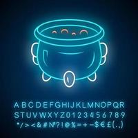 Witch cauldron neon light icon. Brew potion. Wicked witchcraft and sorcery. Witch soup. Iron pot, boiler with boiling magical poison, liquid. Glowing alphabet, numbers. Vector isolated illustration