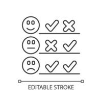 Checklist linear icon. Choosing option. Good, bad, neutral experience. Agree, disagree. Satisfaction level. Thin line illustration. Contour symbol. Vector isolated outline drawing. Editable stroke