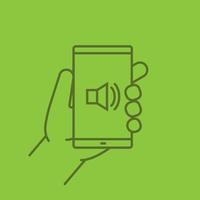 Hand holding smartphone linear icon. Smart phone sound on. Thin line outline symbols on color background. Vector illustration