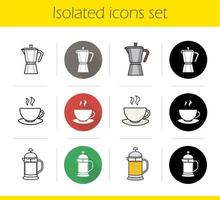 Tea and coffee icons set. Flat design, linear, black and color styles. French press with green tea, classic coffee maker, hot steaming mug on plate. Isolated vector illustrations