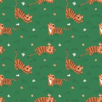 Seamless pattern with simple cute tiger cubs and butterflies on a green grass background vector