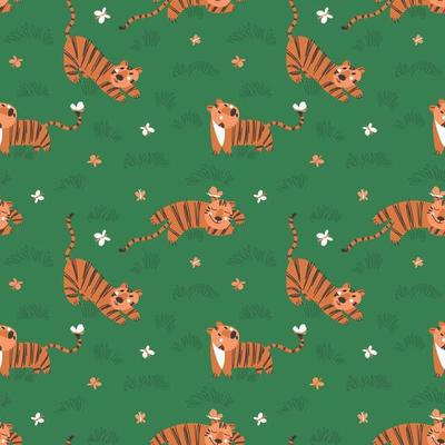 Seamless pattern with simple cute tiger cubs and butterflies on a green grass background
