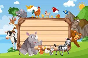 Empty wooden board with various wild animals in the forest vector