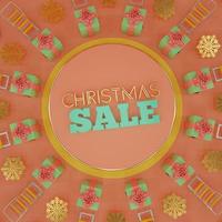 Tarjeta de composición de venta de navidad en colores pastel con caja de regalo, copos de nieve y trineos 3D Render foto