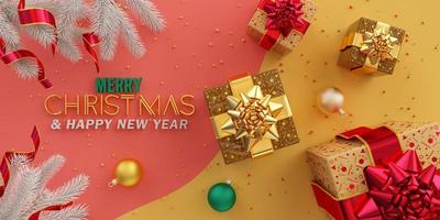 Merry Christmas composition flat lay with golden gifts and multicolored balls on pink and yellow background 3d render photo