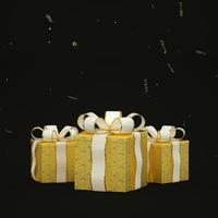 Tarjeta de Navidad con regalos dorados sobre fondo oscuro 3D Render foto