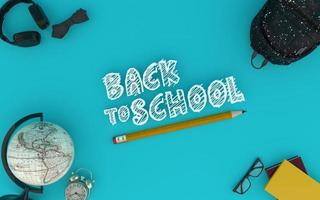 Back to school blue background with backpack and world globe 3d render photo