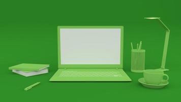 Simple mock up composition with laptop on green background 3d render photo