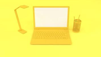 Simple composition in yellow color laptop mock-up for your text and background 3d render photo