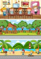 Set of different horizontal scenes background with doodle kids cartoon character vector