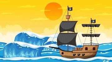 Océano con barco pirata en la escena del atardecer en estilo de dibujos animados vector