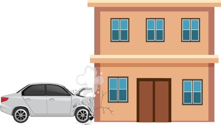 Car crashes building on white background