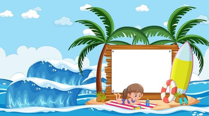 Empty banner template with kids on vacation at the beach daytime scene