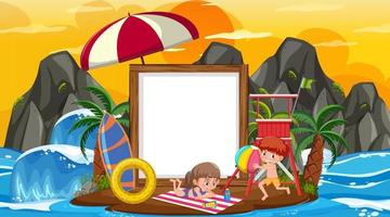 Empty banner template with kids on vacation at the beach sunset scene vector