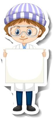 Scientist boy holding empty board cartoon character sticker