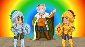 King and two warriors cartoon character on rainbow gradient background vector