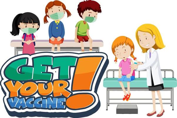 Get Your Vaccine font banner with patient kids and doctor cartoon character