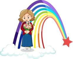 niña sosteniendo un ramo con arcoiris vector