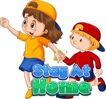 Two kids cartoon character do not keep social distance with Stay at Home font isolated on white background vector