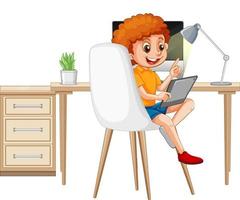 Boy learning from home on electronic device vector