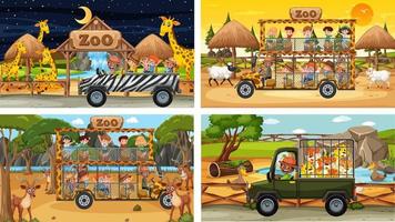 Set of different safari scenes with animals and kids cartoon character vector