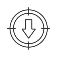 Downloads searching linear icon. Aim on down arrow thin line illustration. Searching and downloading data contour symbol. Vector isolated outline drawing