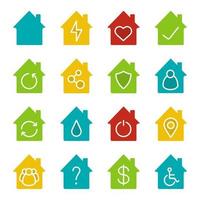 Houses glyph color icon set. Silhouette symbols on white backgrounds. Home buildings with man, heart, dollar sign, wheelchair, question and tick marks inside. Negative space. Vector illustrations