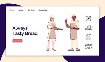 Bakery landing page vector template. Bakeshop, bakehouse website interface idea with flat illustrations. Professional bakers with fresh bread. Homepage layout, web banner, webpage cartoon concept