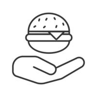Open hand with hamburger linear icon. Cheeseburger for free. Thin line illustration. Contour symbol. Vector isolated outline drawing