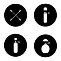 Women's hygienic products glyph icons set. Perfume, crossed earsticks, spray antiperspirants. Vector white silhouettes illustrations in black circles