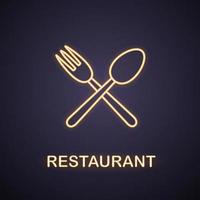 Eatery neon light icon. Cafe and restaurant glowing sign. Crossed fork and spoon. Vector isolated illustration