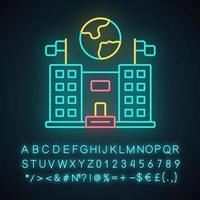 Immigration center neon light icon. Embassy and consulate building. Administrative governmental structure. Glowing sign with alphabet, numbers and symbols. Vector isolated illustration