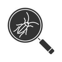 Cockroach searching glyph icon. Silhouette symbol. Pest control service. Magnifying glass with roach. Negative space. Vector isolated illustration