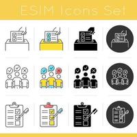 Survey methods icons set. Anonymous poll. Focus group. Questionnaire. Feedback. Evaluation. Public opinion. Data collection. Glyph design, linear, chalk and color styles. Isolated vector illustrations