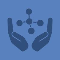 Open palms with molecule glyph color icon. Silhouette symbol. Chemical engineering. Negative space. Vector isolated illustration