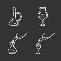 Wine service chalk icons set. Alcohol beverage pouring in glass. Wineglasses, decanters. Different types of aperitif drinks. Sommelier, barman. Bar glassware. Isolated vector chalkboard illustrations