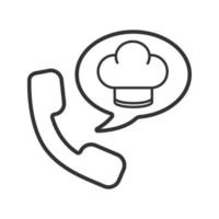 icono lineal de pedido de teléfono de comida. Ilustración de línea fina. auricular con gorro de cocinero dentro de la burbuja del discurso. símbolo de contorno. dibujo de contorno aislado vectorial vector