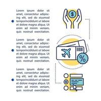 Discount flight article page vector template. Cheap, low cost tickets. Brochure, magazine, booklet design element with linear icons and text boxes. Print design. Concept illustrations with text space